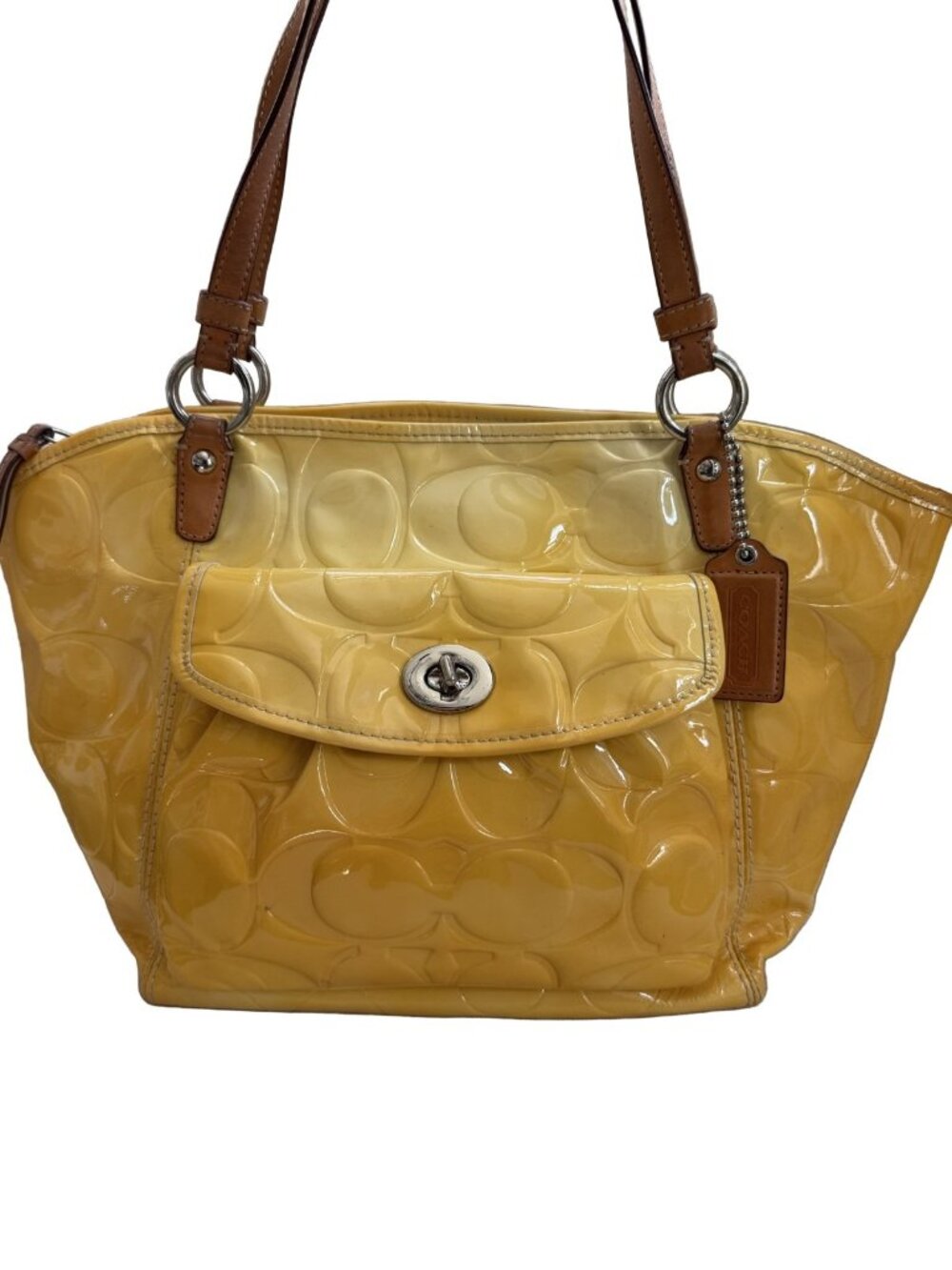 Coach Yellow Brown Leather Shoulder Bag Medium Patent Embossed Logo